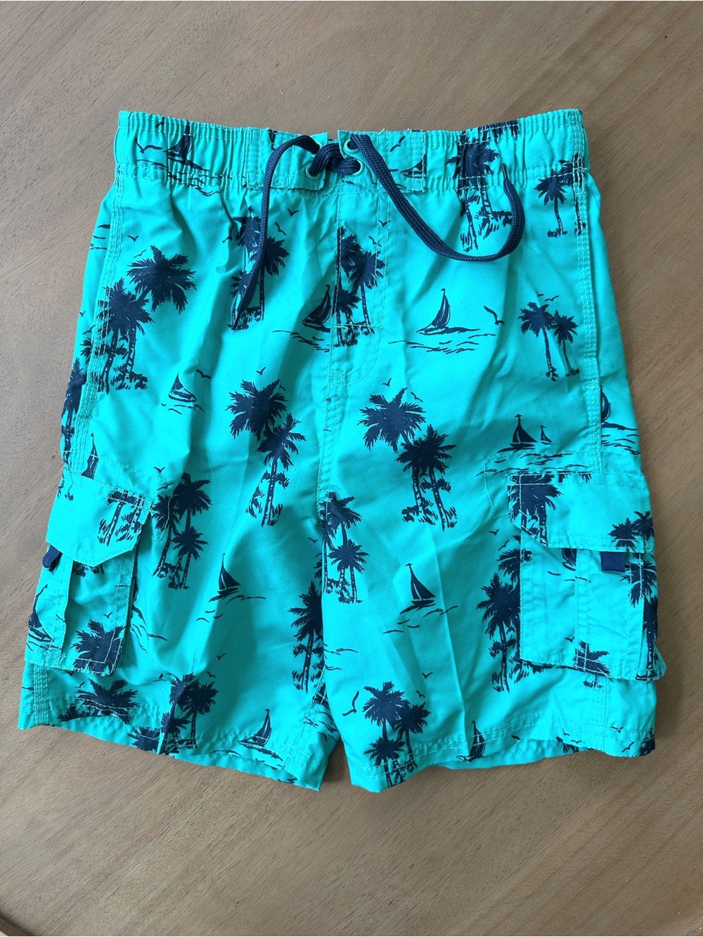 Kanu Surf Boys Aqua Palm Tree Sailboat Cargo Swim Trunks, Size 10/12